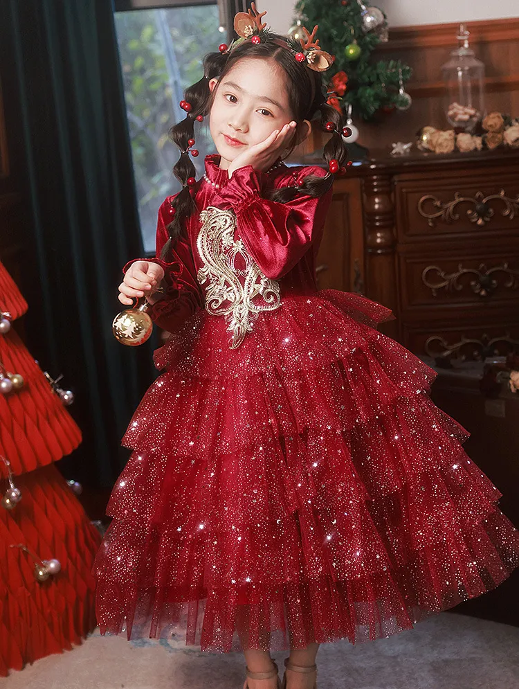 Vestido de esfero vermelho vestidos de menina de flor de babados combinados de mão colorida feita de bebê floral