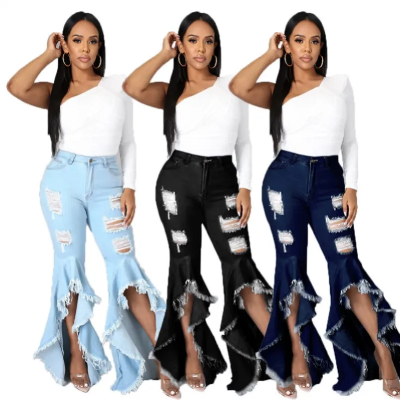 en vrac en gros plus la taille des jeans pour femmes trou pantalon évasé pantalon en denim pantalon bootcut slim mode solide leggings décontractés klw7311