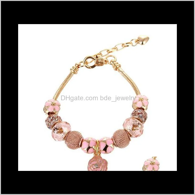 pendant pink beads rose golden bracelet cute elegant charms pan bracelets & bangles for women dff0523