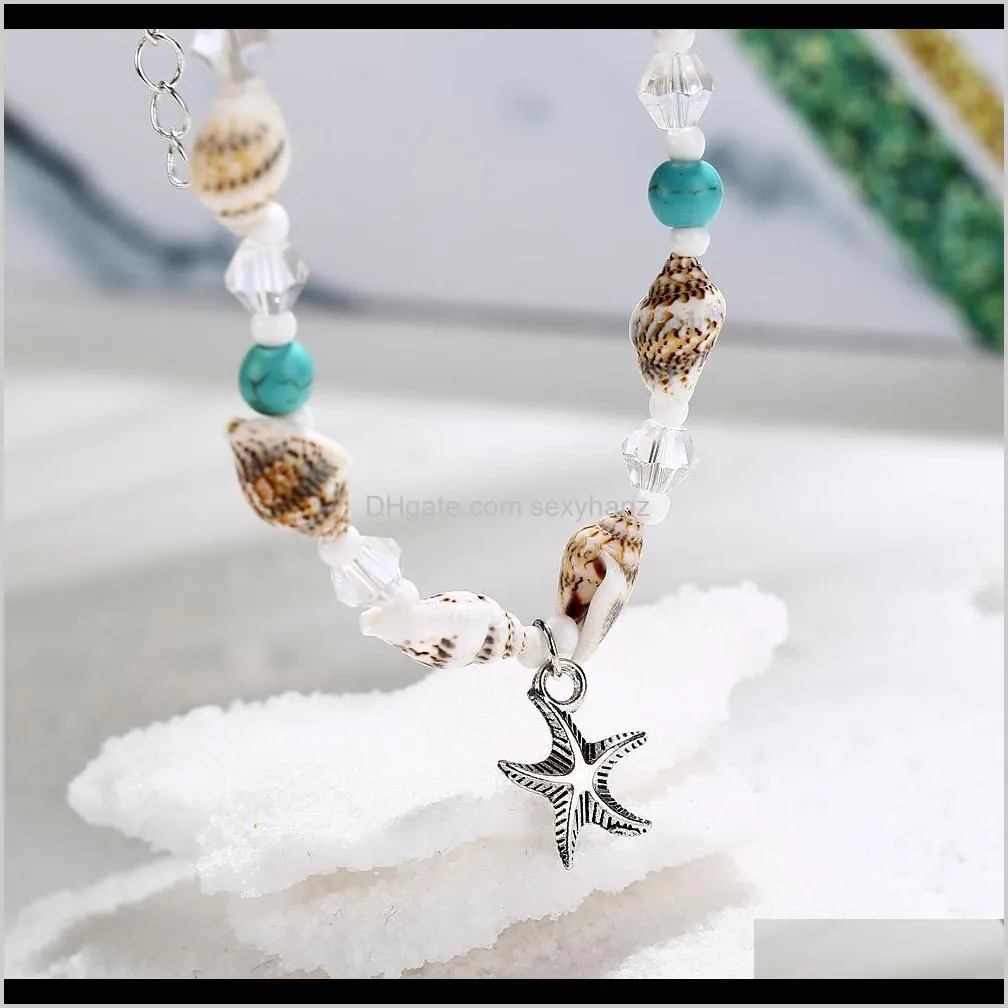 vintage turquoise beaded starfish charm pendant anklets yoga bracelets dangle handmade beach seashell crystal hand chain statement
