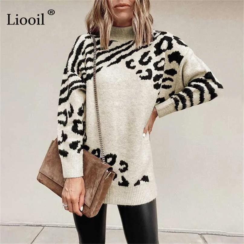Leopardtryck Turtleneck stickade tröjor för kvinnor damer varma kläder baggy jumpers tjock mock nacke pullovers höst vinter 211221