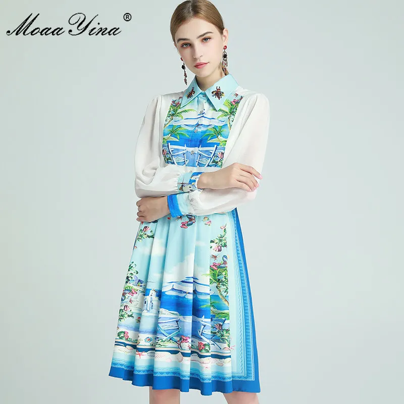 Vestido de moda Primavera vestido feminino manga comprida frisada giro colarinho coqueiro cenário cenário floral-impressão vestidos 210524