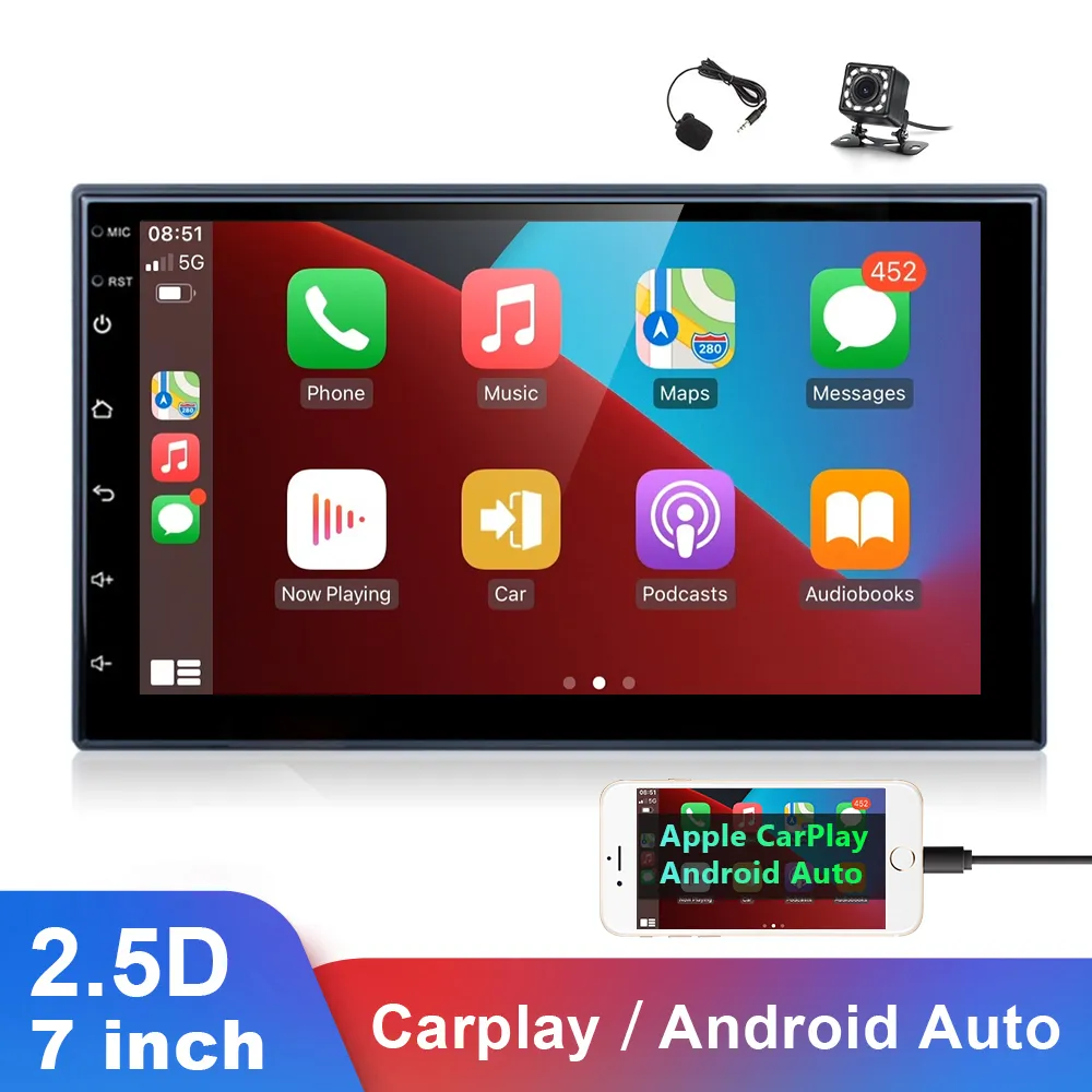 2 DIN Araba Radyo Autoradio Apple Carplay Android Oto 7 "Dokunmatik Ekran Stereo Alıcı Ekran MP5 Multimedya Oynatıcı