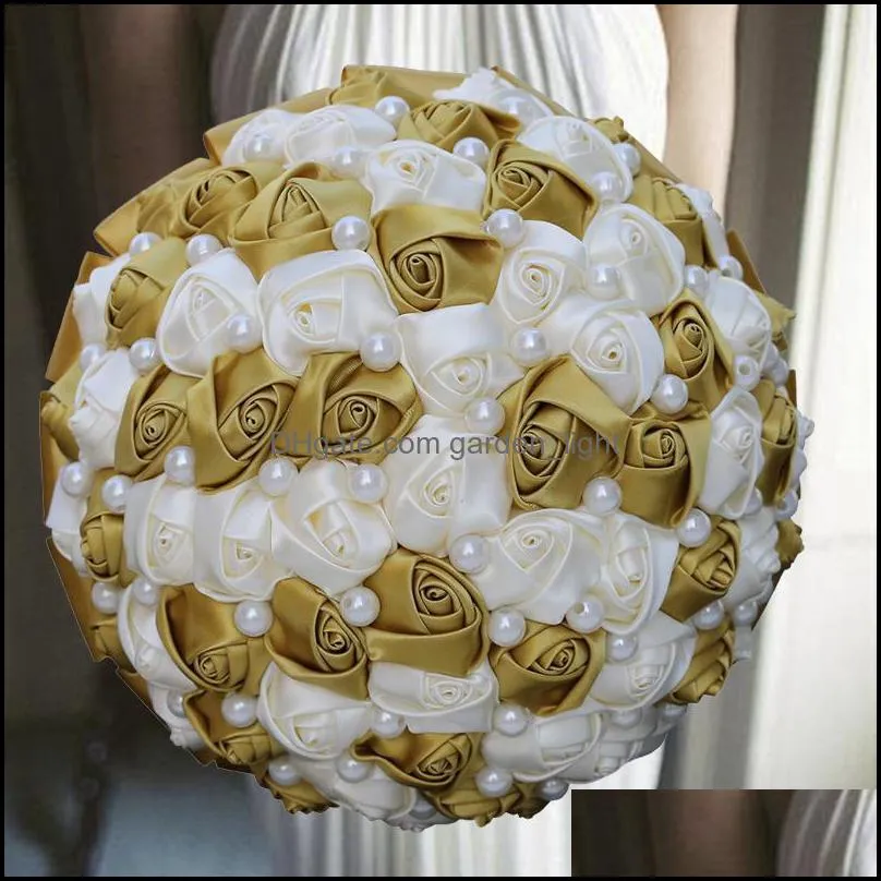 1Pcs/lot Gold Ribbon Wedding Bouquet With Pearl For Decoration Decorative Flowers & Wreaths