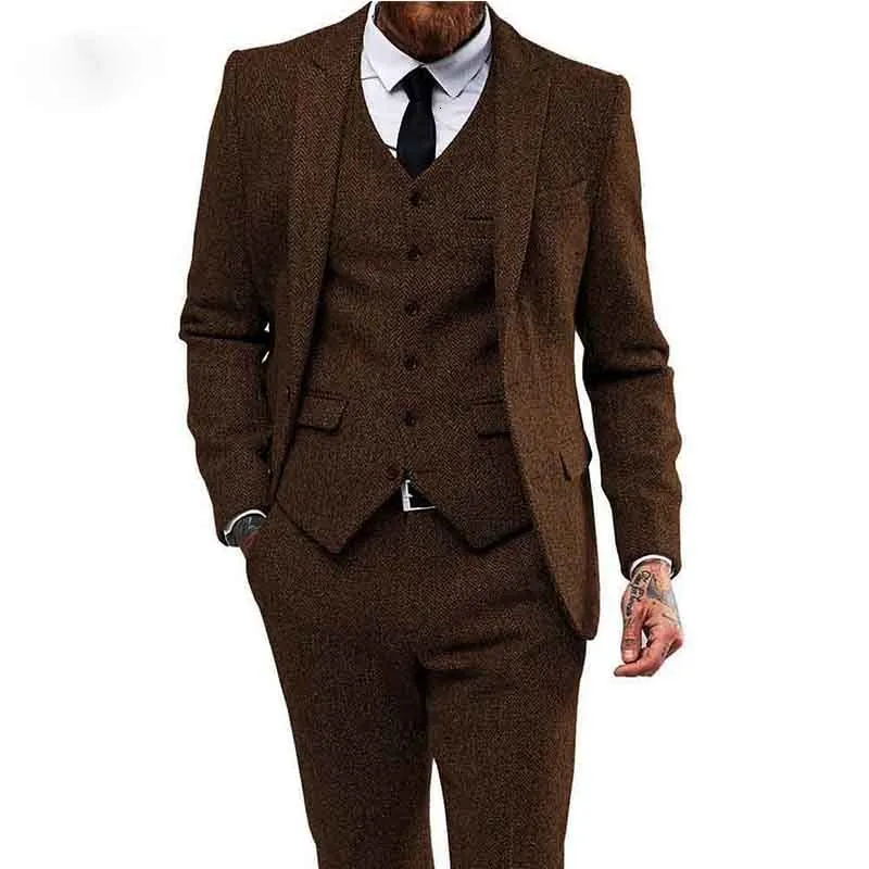 Bruine Herringbone Tweed Men Suits voor bruiloft 3 stuks roken Blazer man Pak kostuum Homme laatste jas met smokingpan