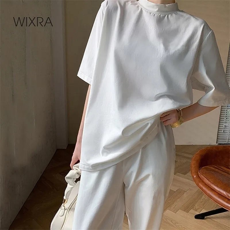 Wixra Womens Spring Stylish Sets Short Sleeve Tee + Elastic Waist Harem Pants Soft High Street Suits Summer 210709