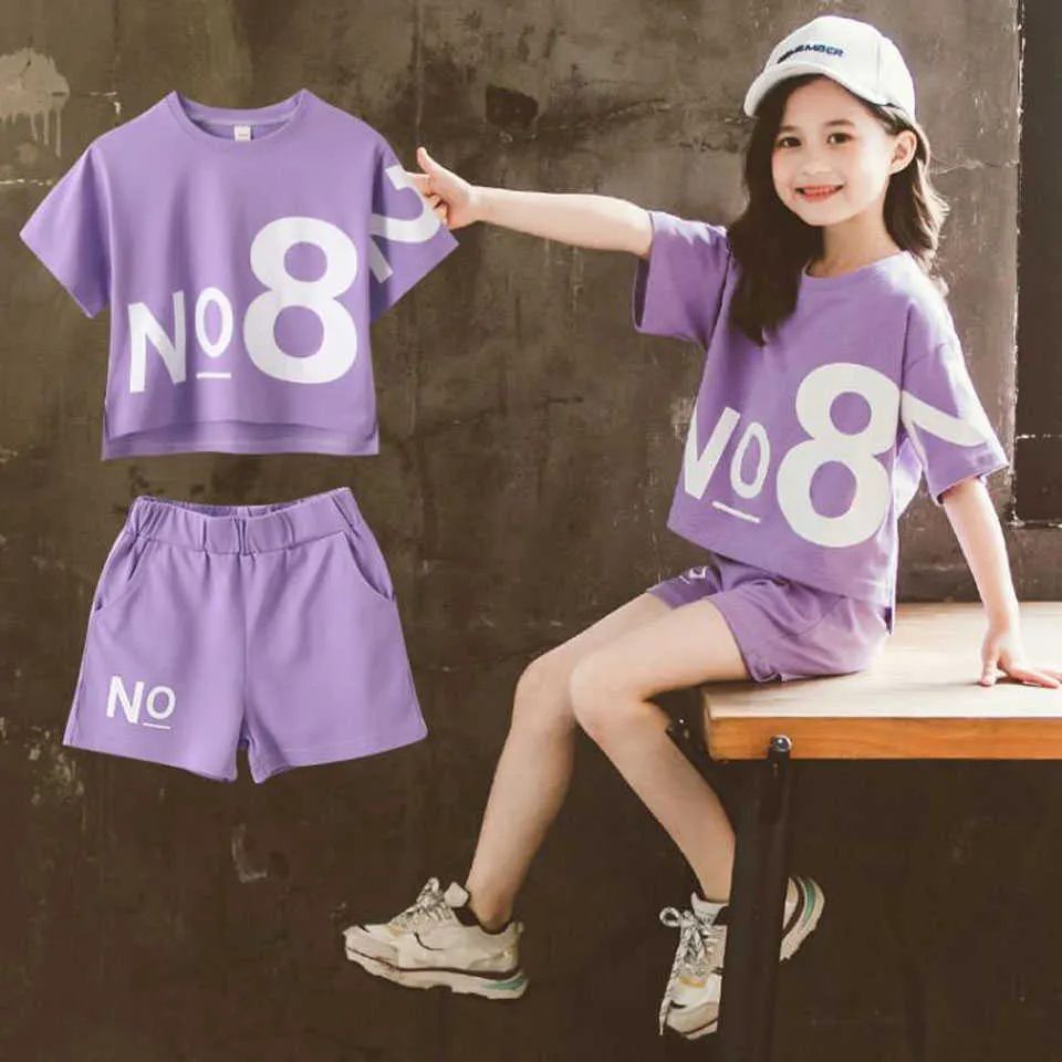 Summer Sports Suit For Girls Short Sleeve T Shirt And Pants Set In