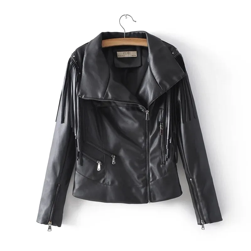 vintage kwast dames korte jas lente zwart losse vrouwen pu jassen fahion vrouwelijke lederen moto stijl meisjes 210427