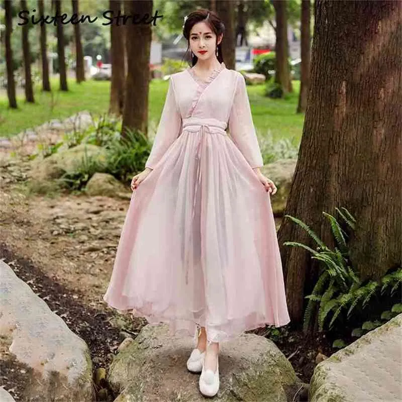 Long Women Dress Elegant Pink Chiffon Chinese Style Hanfu Sashes V-neck Ankle-Length Sleeve Evening Party Dresses 210603