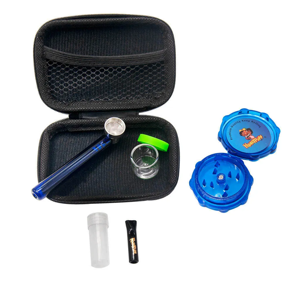 Smoking accessories Kit Hard Plastic Herb Grinder For Tobacco + Glass Mouth Tip + Non-Sticker Silicone Storage Container Jar + Glass hand Pipe