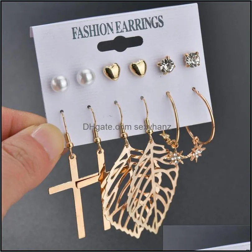 2021 Gold Color Metal Cross Leaf Earrings For Women Crystal Pearl Heart Earring Set Brincos Statement Jewelry