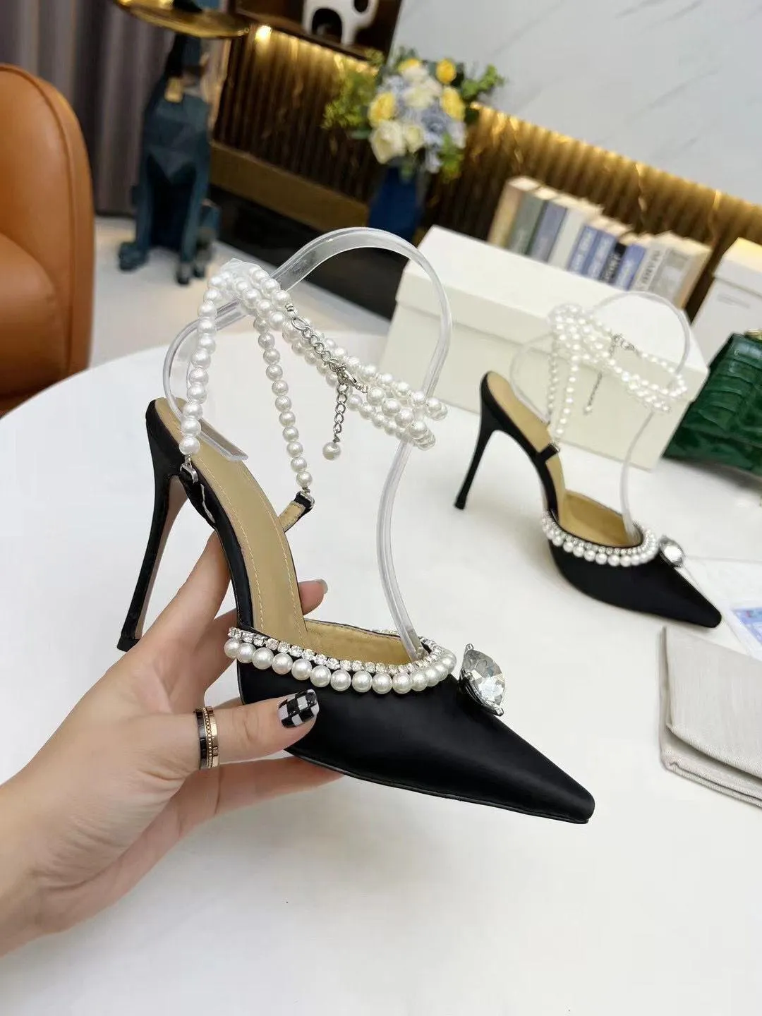fashion High heeled sandals 100% Leather summer Women Fine heel Heels shoe sexy Pearl Satin Womens Shoes cloth lady Diamonds Pointed shoes Large size 34-41-42 With box