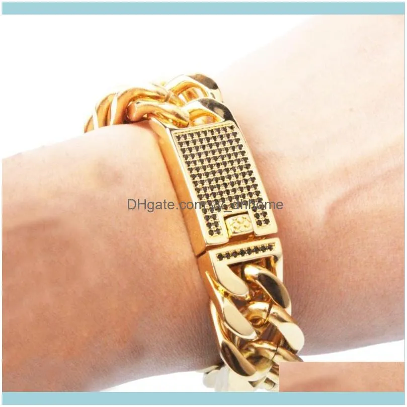 15mm Wide Fashion Jewelry 316L Stainless Steel Gold Tone Cuban Curb Chain Bracelet Bangle Men`s Gift High Quality 7