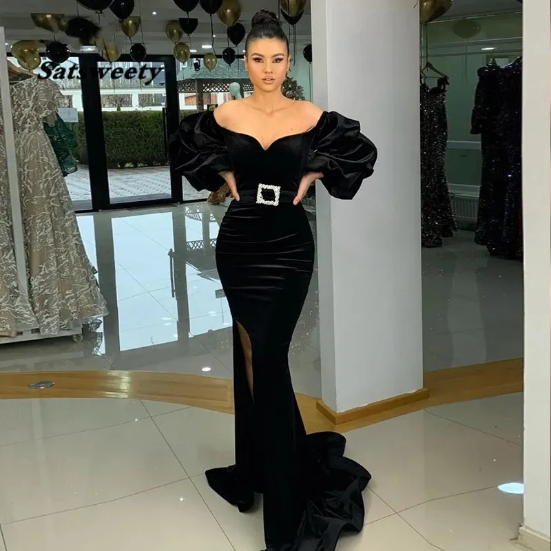 Arabe robes de soirée noir hors épaule manches longues bouffantes velours sirène robe de bal robe de soirée abendkleider 2021 dubai