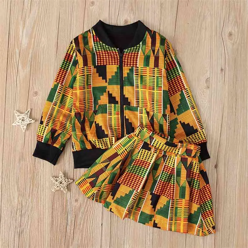 Toddler Christmas Outfits African Bohemian Zipper Jacket + Skirt 2 Piece Suit Kids Fashion 210528