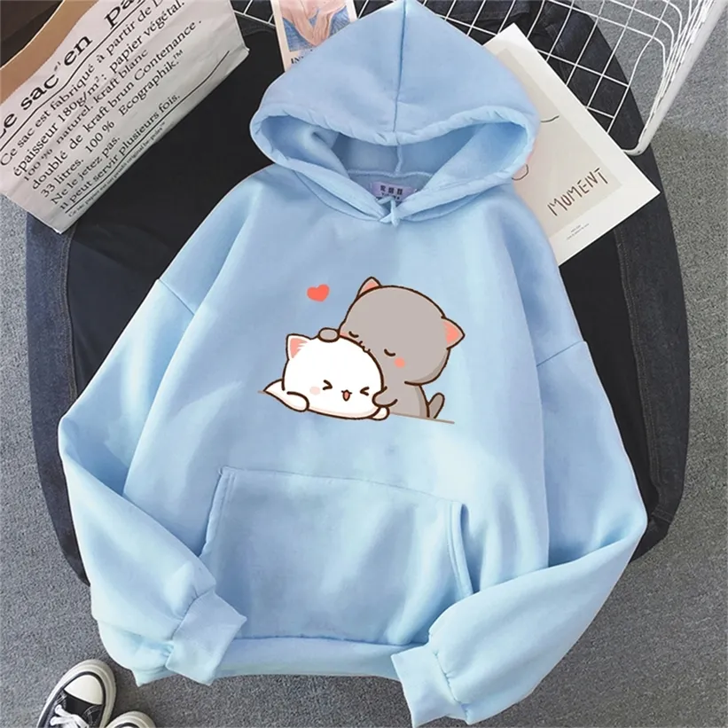 Pêche chat Kawaii vêtements esthétique à capuche mignon rose hauts surdimensionné sweat femmes dessin animé impression unisexe chaud Streetwear 220314