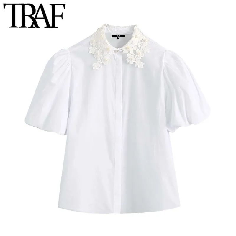 TRAF女性スウィートファッションのファックスパールビーズホワイトブラウスビンテージラペルカラーパフスリーブ女性シャツシックなトップス210415