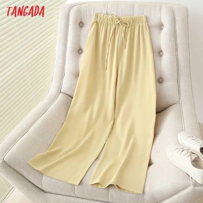 Tangada Letnie Kobiety Żółte Długie Spodnie Spodnie Vintage Styl Struszczący Talia Lady Spodnie Pantalon 7H03 210609