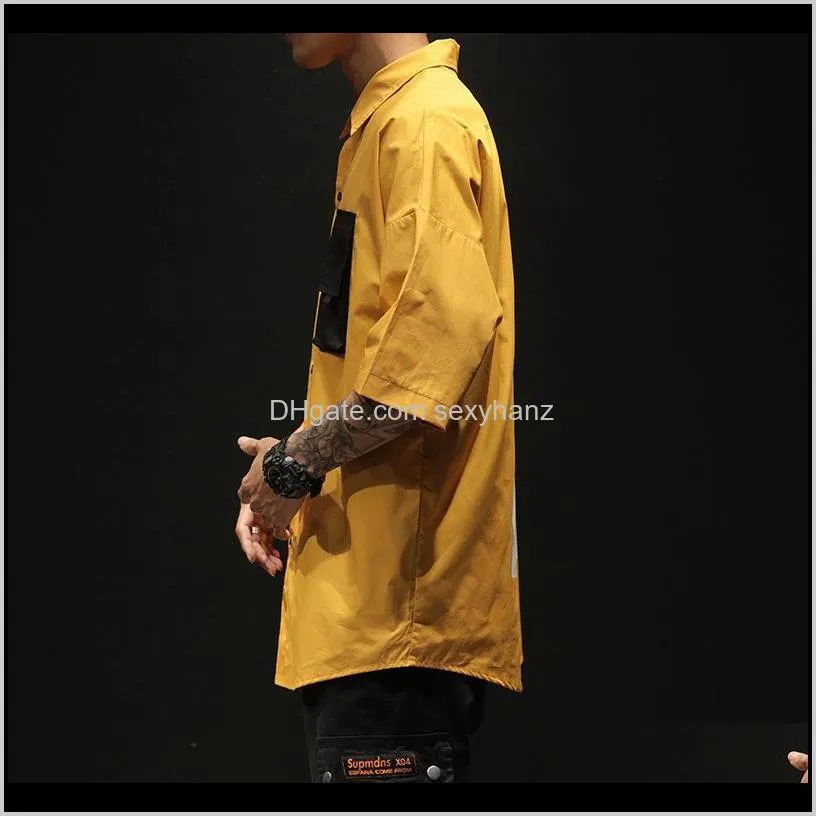 short sleeves casual men shirt 2020 for summer clothes hip hop punk streetwear solid color pocket men