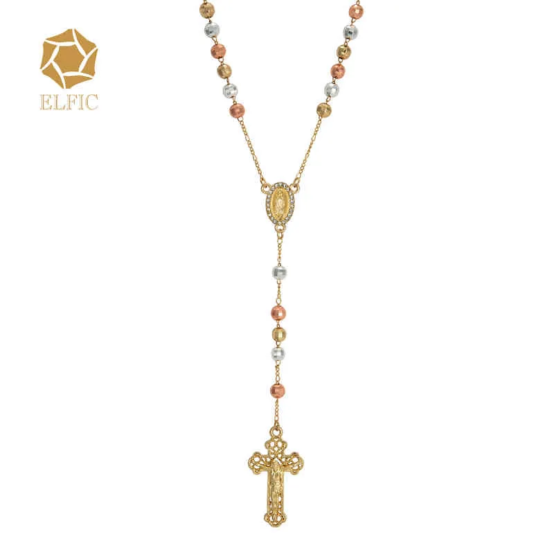 Collana Elfica placcata oro a tre colori Collana rosario con zirconi cubici Collana Vergine Maria