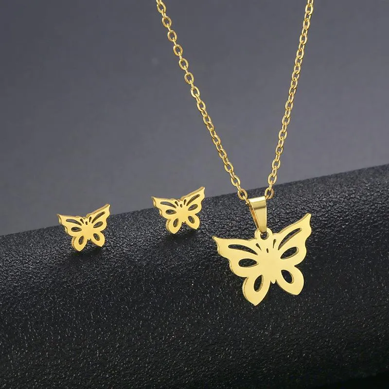 Earrings & Necklace Stainless Steel Set Butterfly Earring For Women Fashion Gold-plated Insect Clavicle Chain Jewelry Gift Wholesale