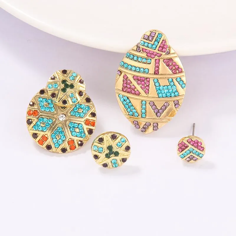 Crystal Rhinestone Women Studs Earrings Retro Bohemia Ethnic Style Asymmetrical Round Oval Earring Fashion Brand Exaggerated Colorful Street Party Jewelry Gift