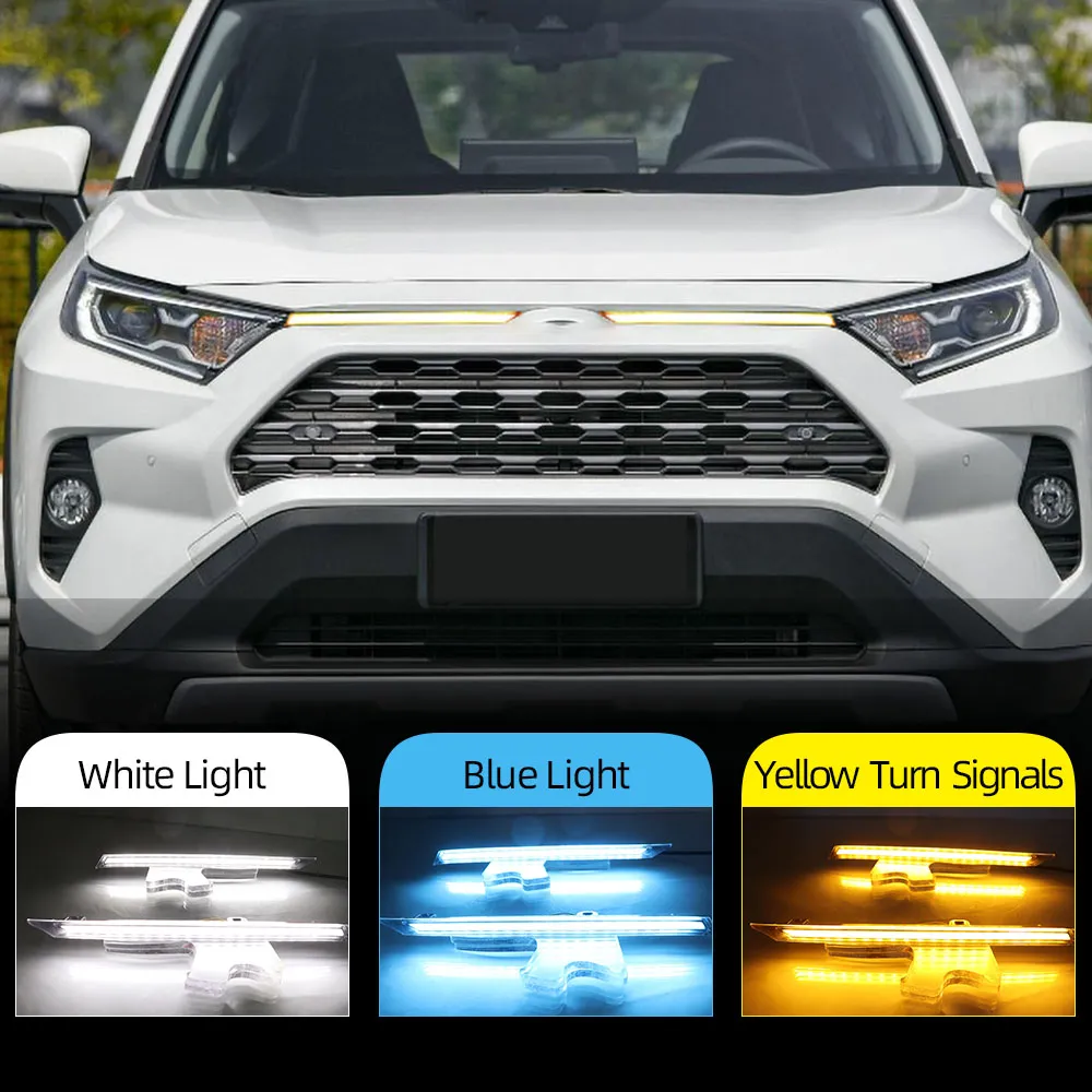2Pcs LED Daytime Running Lights For Toyota RAV4 Car Engine Hood Vent Cover Decoration DRL 2019 2020 2021 Turn Signal Lamp