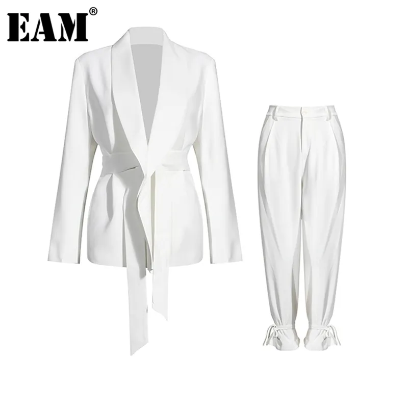 [EAM] Wide Leg Pants Big Size Bandage Two Piece Suit Lapel Long Sleeve Loose Fit Women Fashion Spring Autumn 1DA241 210727