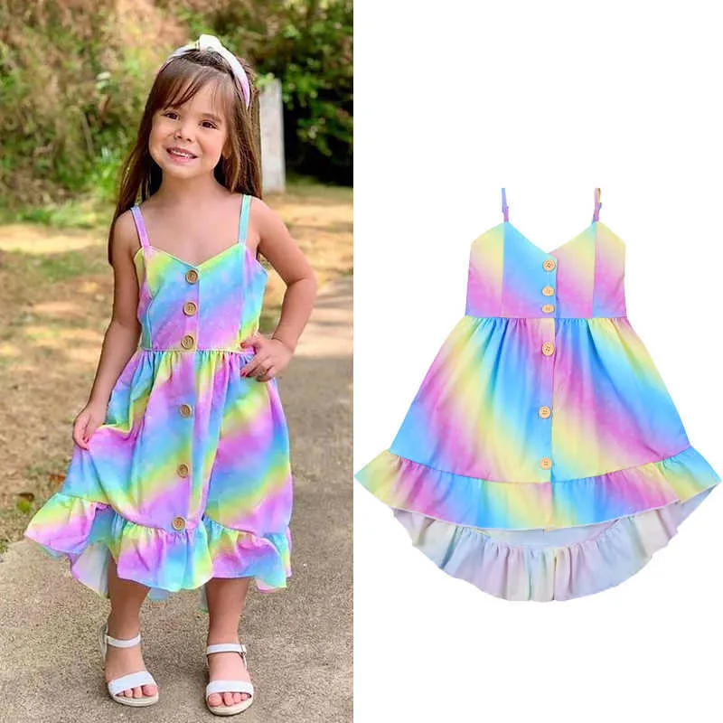 Focusnorm 1-6Y zomer mooie peuter meisjes jurk regenboog print mouwloze ruches enkele breasted knie lengte sundress q0716