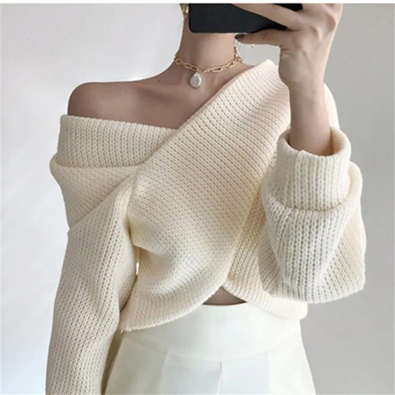 Long Sleeve Sexy Knit Sweater For Women Autumn Winter Pullover Tops Korean Cross V-neck Off Shoulder Ladies Thick Sweaters 210513
