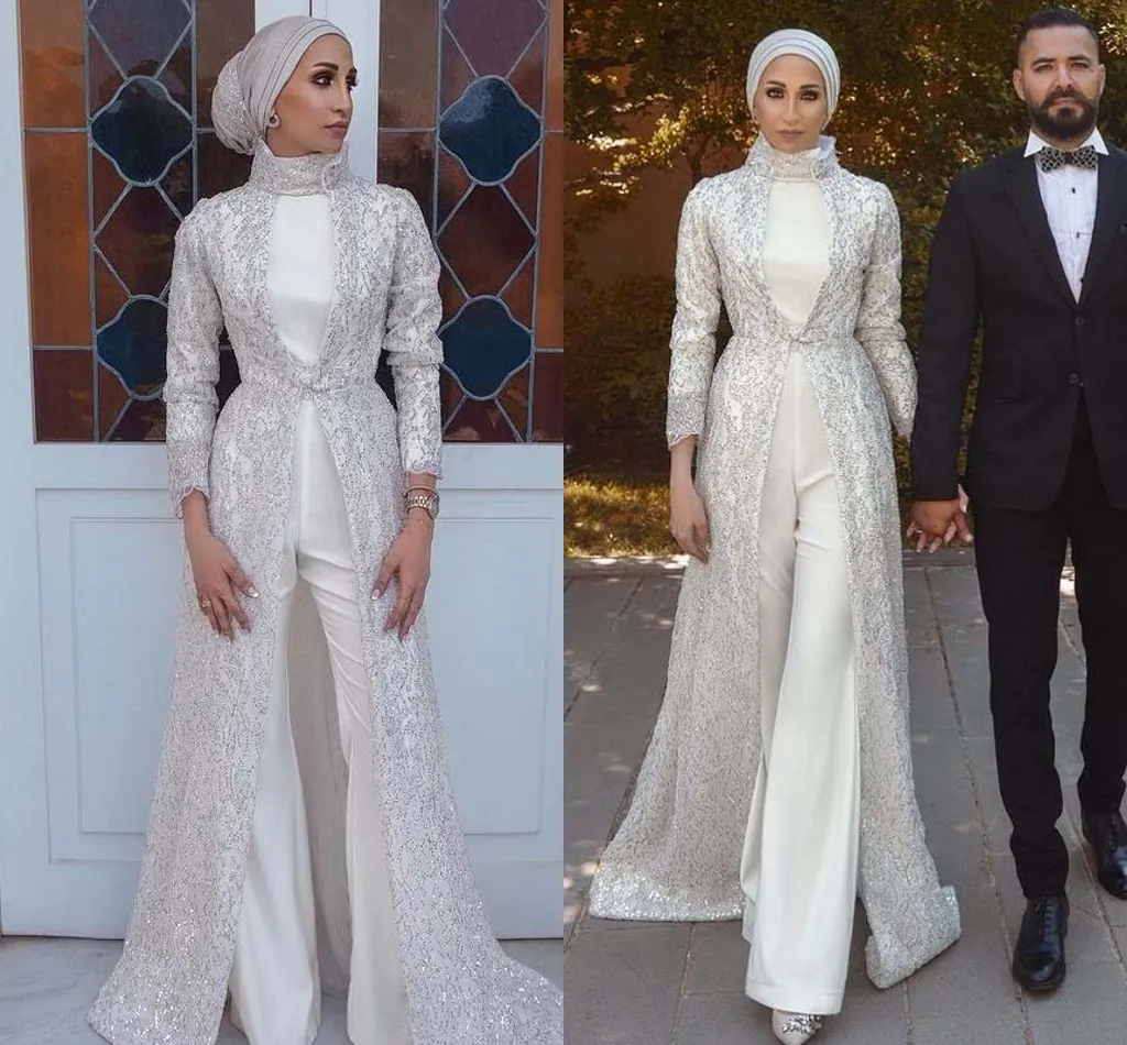 Bescheiden jumpsuit moslim avondjurken met jas hoge kraag lange mouw sequin jas Dubai abaya kaftan bruidsjurk prom broek pak