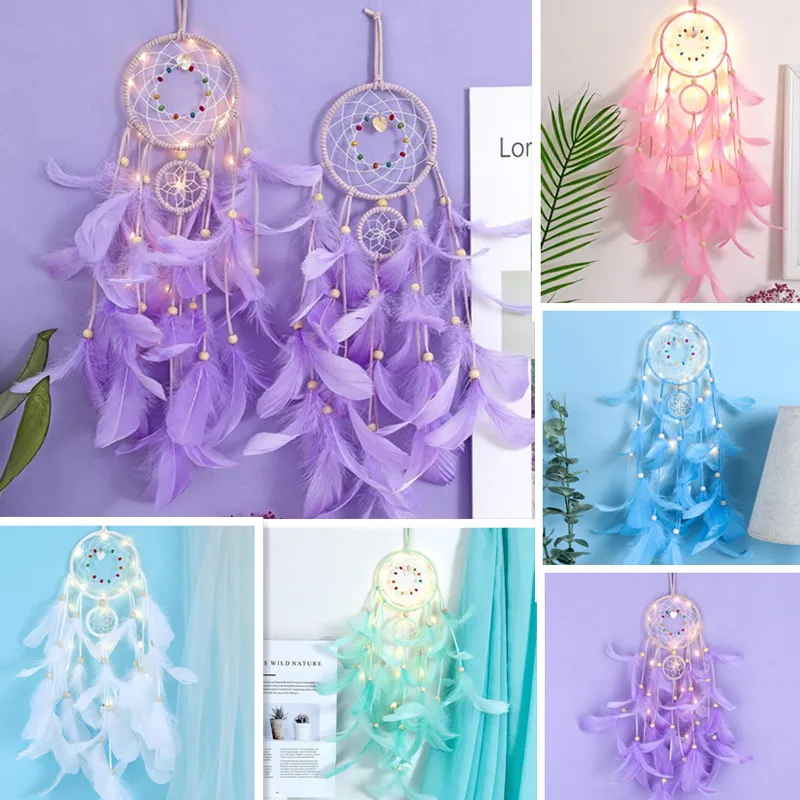 Dekoracja domowa LED Dream Catcher Kolorowe Pióro DreamCatcher Wall Wiszące Ornamenty Sztuki Dla Kobiet Dziewczyny Decor