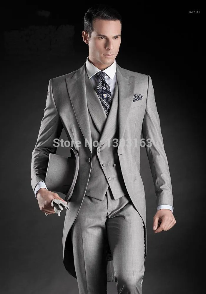 Оптовые- Бесплатные красивые светло-серые утренние костюмы Groom Tuxedos Suit Slim Fit Tuxedo Suits (куртка + брюки + жилет + галстук + керский)