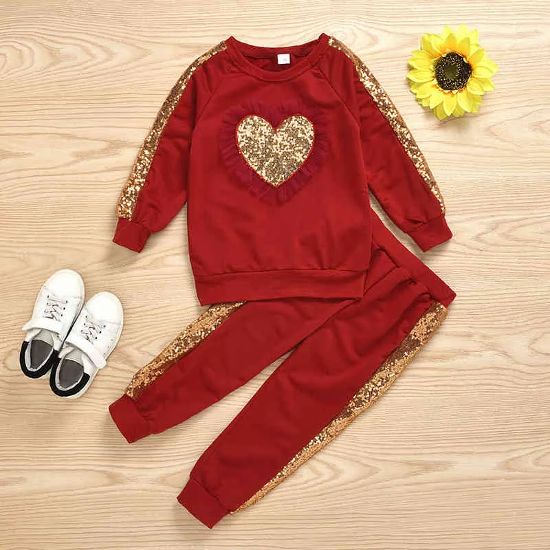 Dziewczyny Zestawy Odzieżowe Jesień Toddler Dzieci Z Długim Rękawem Love Cekin T-shirt + Spodnie 2 sztuk Baby Kidsswear Set 210515