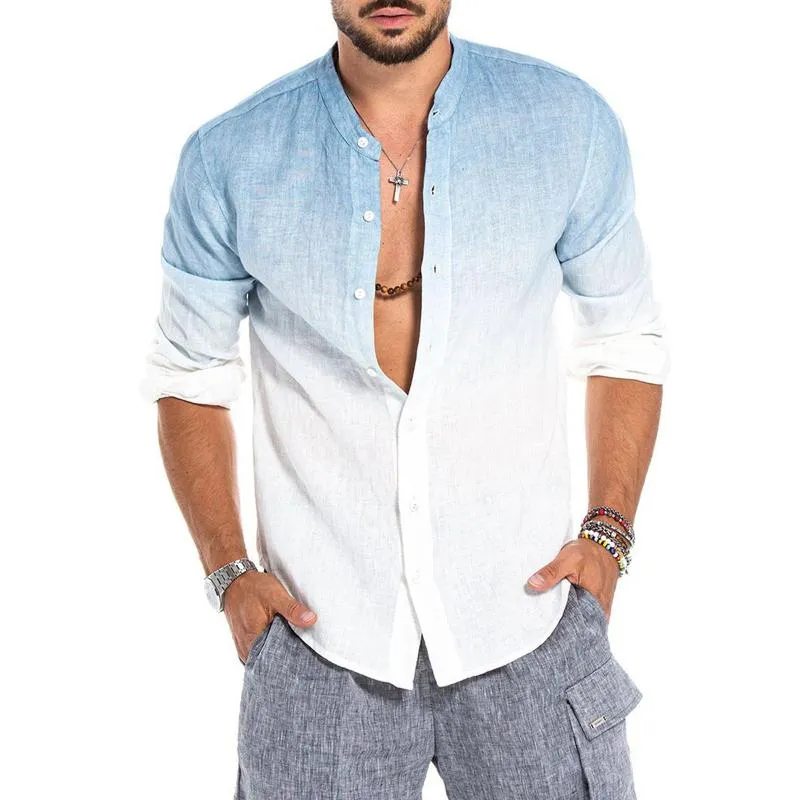 Erkek Casual Gömlek Degrade Renk Pamuk Keten Standı Yaka Uzun Kollu Düğmeler Sonbahar Bahar Erkekler Giysileri Tops