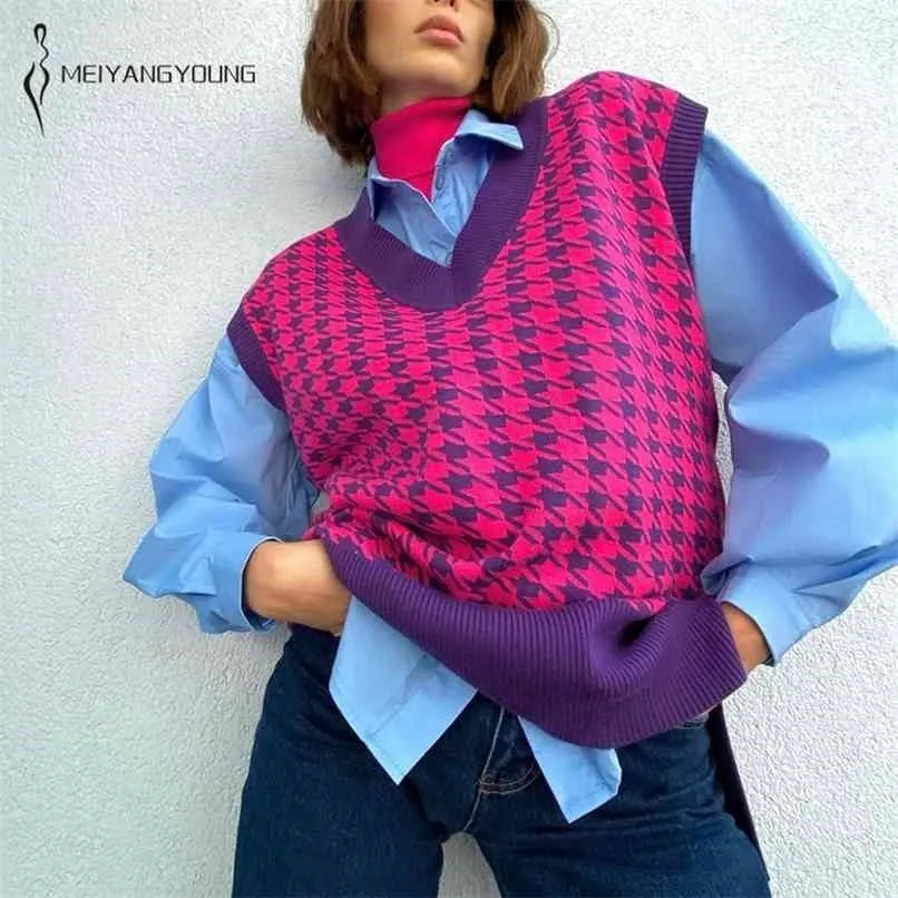 MEIYANGYOUNG Vintage Houndstooth Knitted knitted vest
