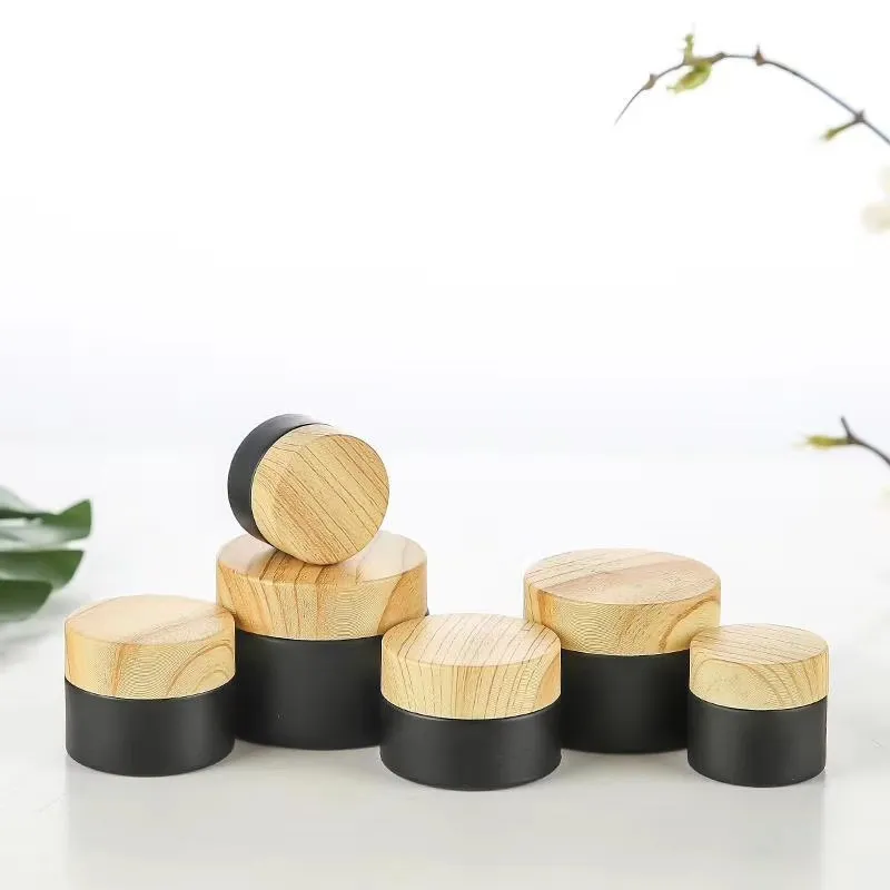 5g 10g 15g 20g 30g 50g Black Frosted Glass Jars Cosmetic Bottle Empty Cream Container Packaging with Imitated Wood Grain Plastic Lids