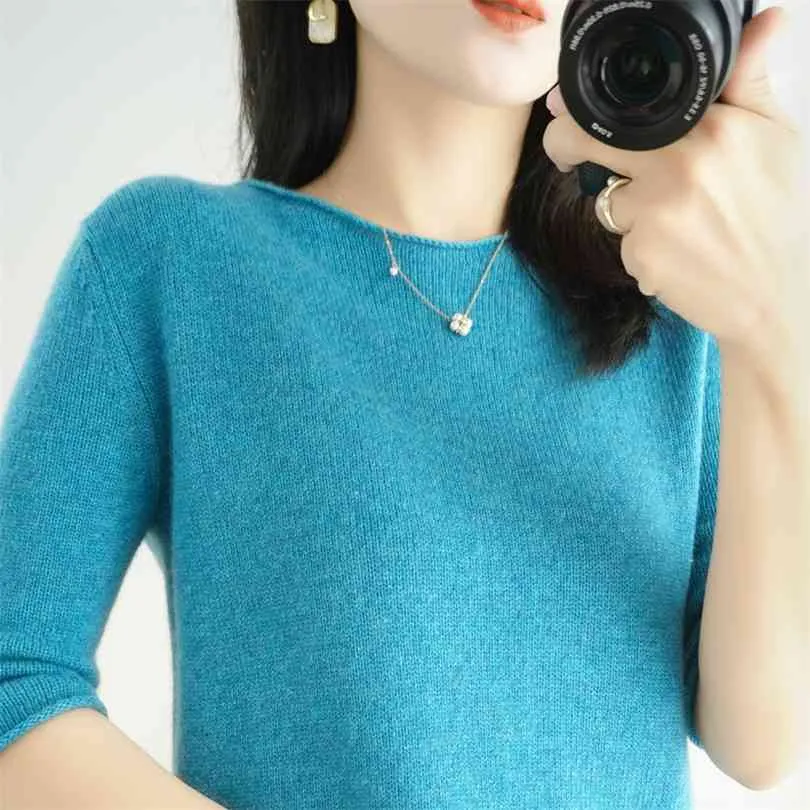 Mode cashmere tröja kvinnor stickade kortärmad pullover sweter o-neck koreanska version toppar pull femme 210922