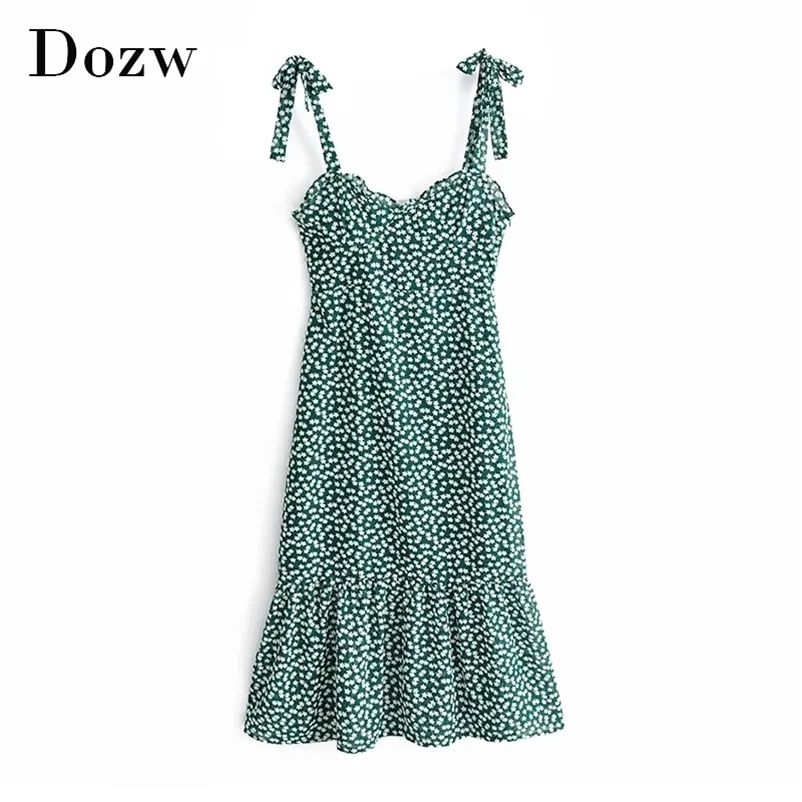 Women Floral Print Beach Dress Sexig Backless Holiday Pleated Spaghetti Strap En linje Midi Summer Vestido de Festa 210515