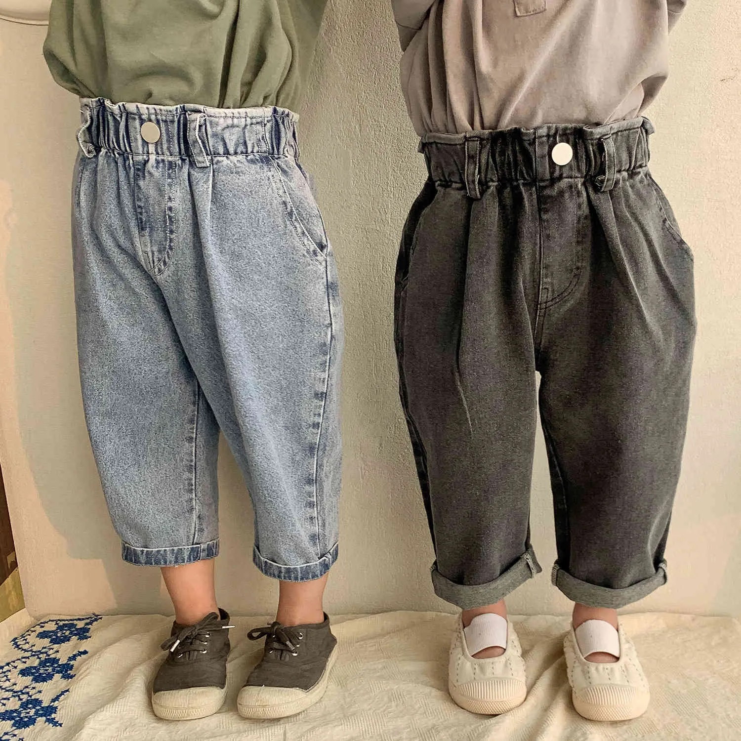 Çocuklar Unisex Gevşek Yüksek Bel Kot Erkek Ve Kız Geniş Bacak All-Match Denim Pantolon 210508