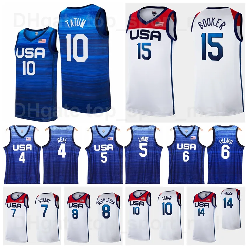 2021 Tokyo Summer US Baskettröja 15 Devin Booker 6 Damian Lillard 10 Jayson Tatum 7 Kevin Durant 5 Zach LaVine 4 Bradley Beal Team Färg Blå Vit Herrar