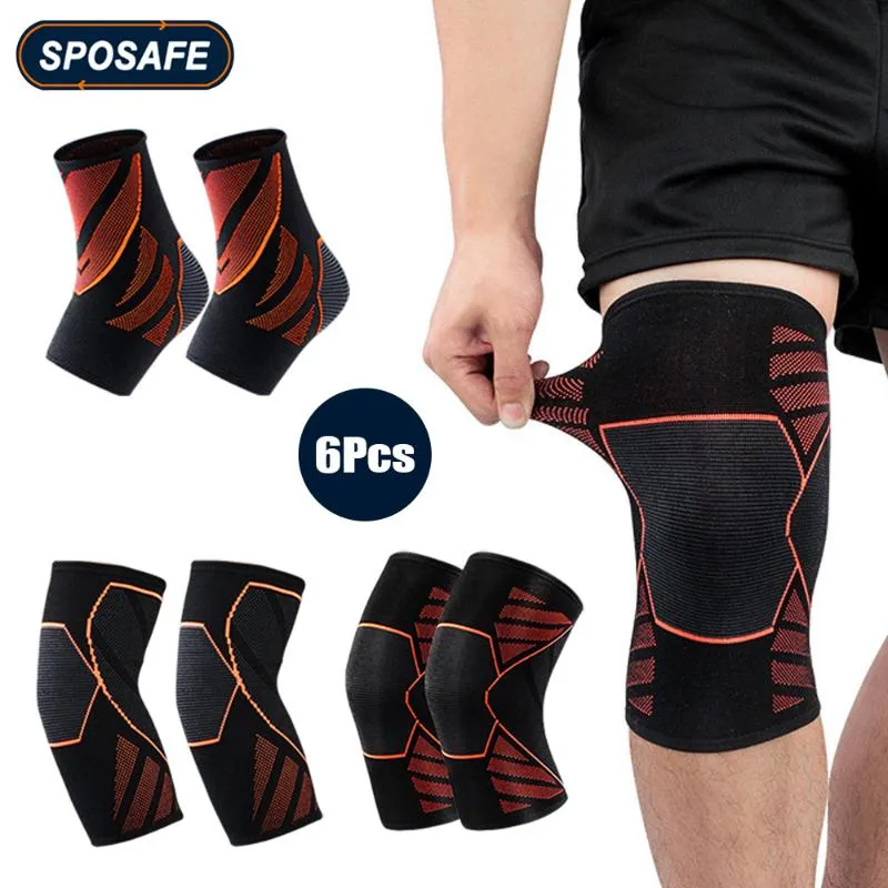 Genouillères coudières 6 pièces/ensemble attelle de cheville sport ensemble d'équipement de protection Compressions manches de soutien pour cyclisme course basket-ball Football