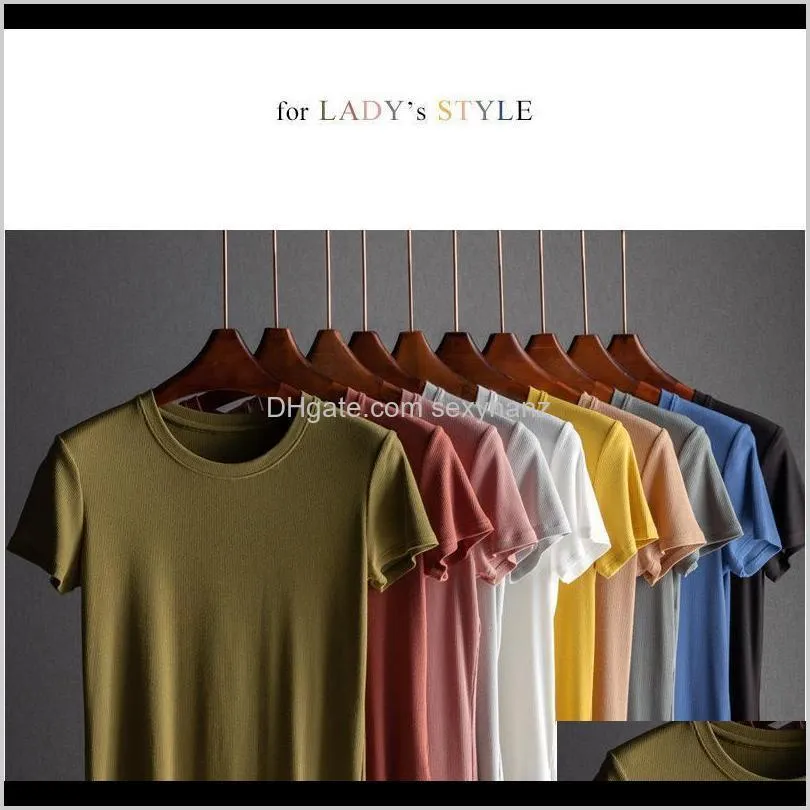 mrmt 2020 brand new women`s t shirt short-sleeve v-neck round collar knit rib pure color t-shirt for female fashion tops qylhcd