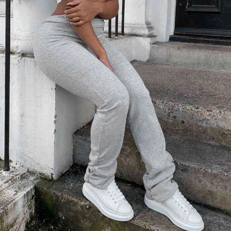 Korean Style High Waist Grey Stacked Sweatpants For Women Grey