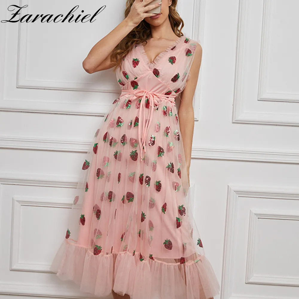 Summer Sequined Embroidery Strawberry Women's Sleeveless V Back V-Neck Puff Sleeve Bow Pink Tulle Mesh Long Dress 210416