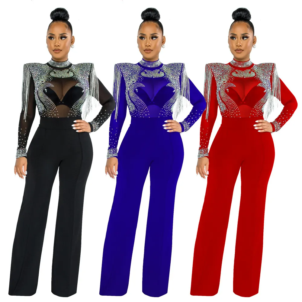 Sexiga Jumpsuits Kvinnor Transparent Diamond Tassel High Waisted Elegant Evening Night Party Club Rompers Jumpsuit