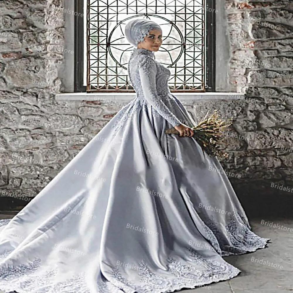 Abito da sera musulmano argento vintage con pizzo Abiti da ballo a maniche lunghe di fidanzamento islamico 2021 Appliques Dubai Abito da festa arabo robe de soir￩e mariage