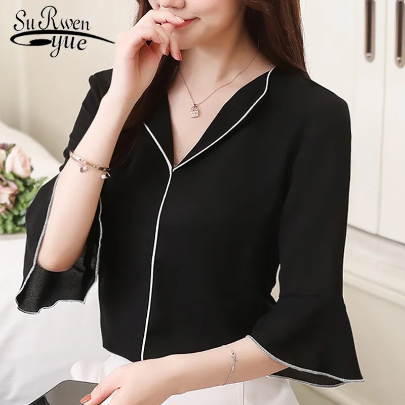 Summer Women Top Office Lady Solidne Eleganckie Bluzki Koszule Szyfonowa V-Neck Casual Half Flare Rękaw Odzież 0421 40 210521