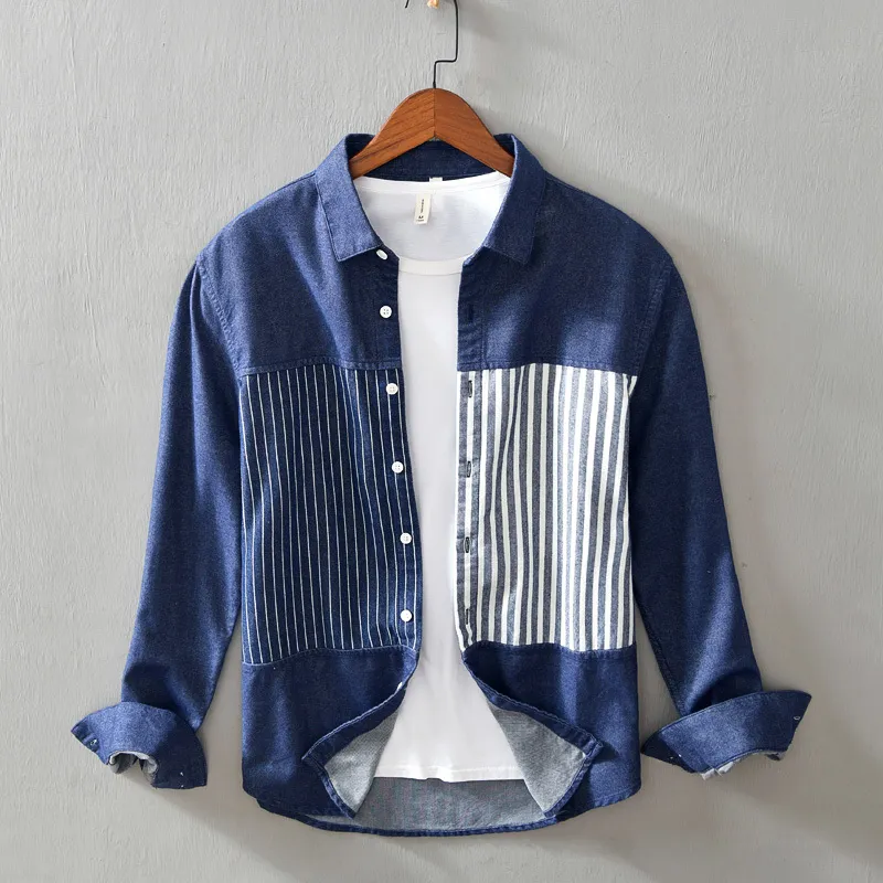 Patchwork Striped Shirt for Men Long Sleeve Japan Fashion Casual Loose Tops New Pure Cotton Turn-down Collar Vintage Clothing 210421