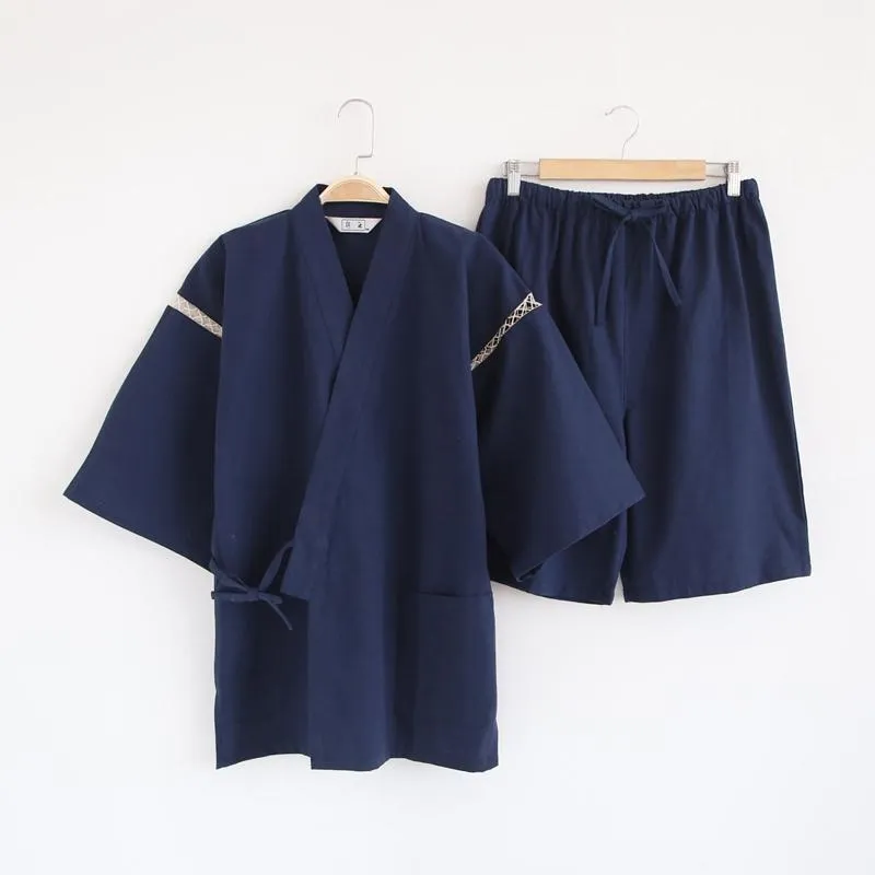 Ethnic Clothing High Quality Men Cotton Sleepwear Loose 2PCS Kimono Tops&Pant Sleep Set Japanese Traditional Samurai Pajama Yukata Kimonos